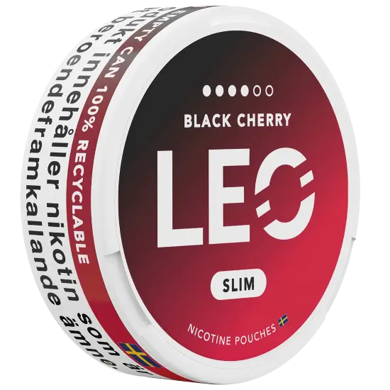 LEO Black Cherry 12mg nicotine pouches can, side view