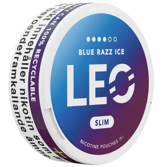 LEO Blue Razz Ice 12mg nicotine pouches can, side view