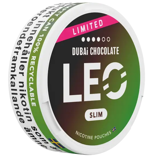 LEO Dubai Chocolate 12mg nicotine pouches can, side view