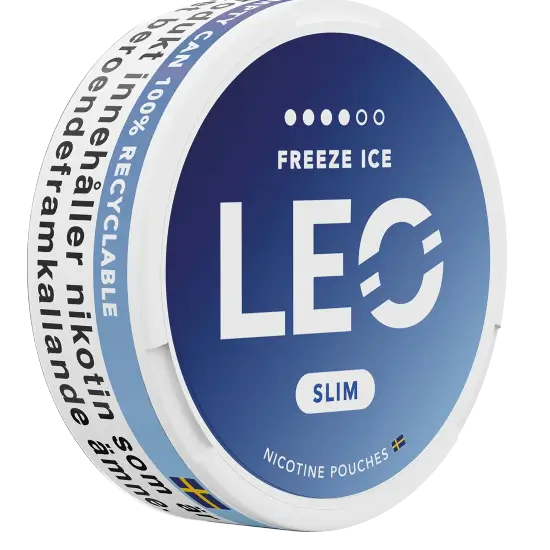 LEO Freeze Ice 12mg nicotine pouches can, side view