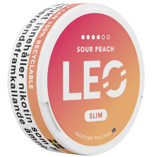 LEO Sour Peach 12mg nicotine pouches can, side view