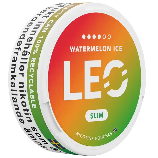 LEO Watermelon Ice 12mg nicotine pouches can, side view